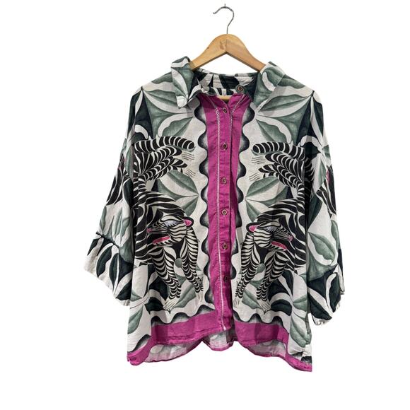 Carla Petelski x Celandine Short-Sleeve Linen-Blend Buttondown Shirt Large - Picture 1 of 9